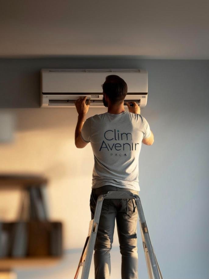 Technicien Clim Avenir intervenant sur un climatiseur mural