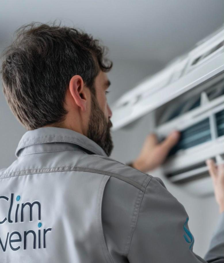Technicien Clim Avenir contrôlant une climatisation en panne